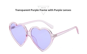 Detail of transparent purple heart sunglasses with metal hinges and purple lenses