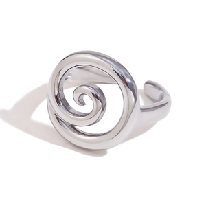 Minimalist spiral silver stainless steel open ring with a polished mirror finish