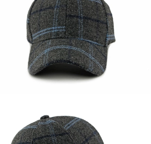 Detailed close-up of dark grey plaid wool baseball cap with blue checkered pattern texture