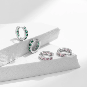 S925 sterling silver heart hoop earrings with pink and green zircon stones on stone base