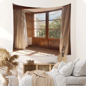 Detail of bohemian tapestry showing a realistic window view with mountains and greenery