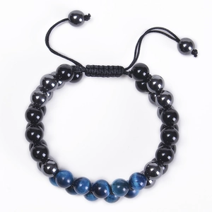 Handmade double layer braided bracelet with blue tiger eye stone and obsidian beads