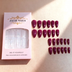 24pcs long almond-shaped dark burgundy press-on nails in elegant pink packaging