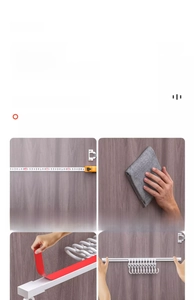 Detailed four-step installation guide for no-drill sliding track kitchen hooks with adhesive