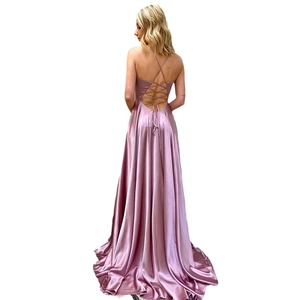 Elegant satin V-neck backless maxi dress with cross strap detail in purple satin fabric
