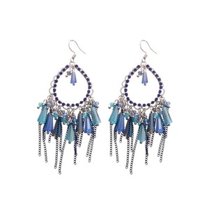 Vintage bohemian blue crystal drop earrings with long chain tassels and silver ear hooks