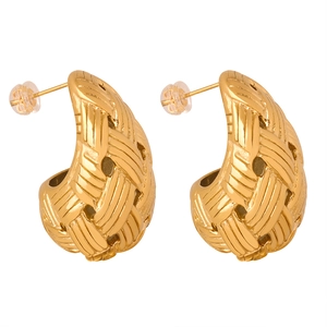 Vintage style gold woven textured titanium steel teardrop earrings for women