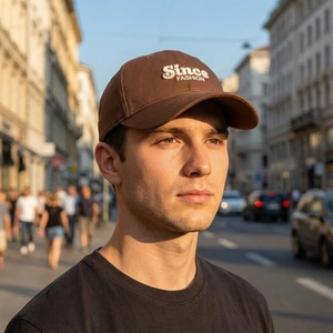 Dark brown cotton baseball cap with white Since FASHION embroidery in city street setting