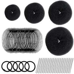 Hair styling tool set with donut bun makers, hair net, elastics, and U-shaped pins