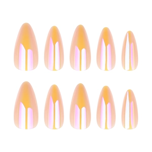 Juego de 10 uñas postizas almendradas aurora con degradado láser naranja-rosa