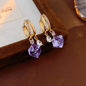 Elegant gold drop earrings with purple cubic zircon square and sparkling waterdrop gems