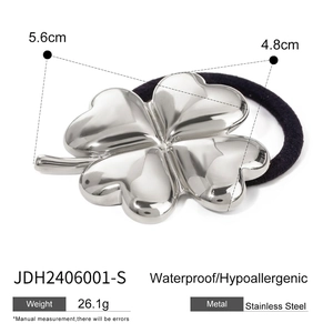 Polished silver stainless steel clover pendant hair tie with durable black elastic cord