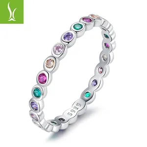 Colorful Rainbow Eternity Ring 925 Sterling Silver Multi Color Cubic Zirconia Stackable Band Jewelry For Women