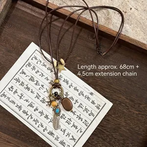 Bohemian beaded long necklace with 68cm wax rope, wooden pendant and metal feathers