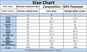 Detailed size guide for beige woven loose jacket with polyester fabric specifications