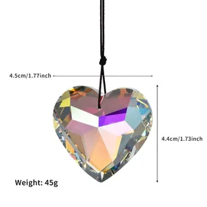 Close-up of 45mm heart-shaped crystal prism with aurora borealis coating and dimensions