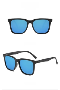 Front and side views of black fashion sunglasses with blue mirrored lenses on white background