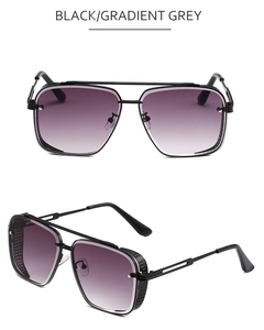 Detail view of steampunk square aviator sunglasses with gradient grey lenses and mesh side shields