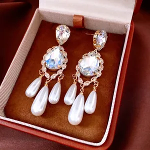 Retro Teardrop Dangle Earrings With Faux Artificial Pearl Zircon Rhinestone And Silver Earring Post Vintage Palace Style For Women