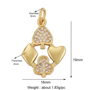 Detail view of poker card heart pendant with dimensions 19mm by 16mm and zircon stones