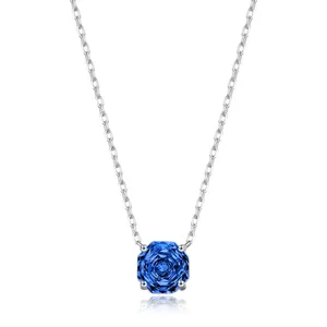 925 Sterling Silver Necklace Octagon Cut Royal Blue Cubic Zirconia Pendant Minimalist Jewelry For Women