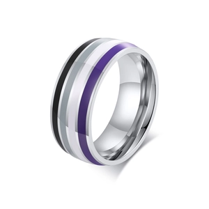 Polished stainless steel asexual pride ring with black grey white and purple enamel stripes