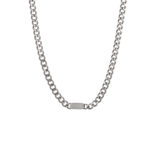 Minimalist silver titanium steel Cuban chain necklace with rectangular ID tag on white background