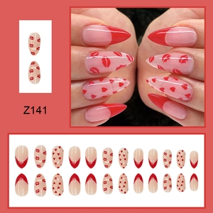 French tip stiletto press-on nails with red heart and lip patterns, set of 24 pieces