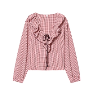Women Gingham Plaid Blouse Long Sleeve Ruffled V-Neck Tie Front Retro Casual Polyester Shirt Elegant Top