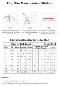 Size guide with measurement steps and international ring size chart for titanium rings