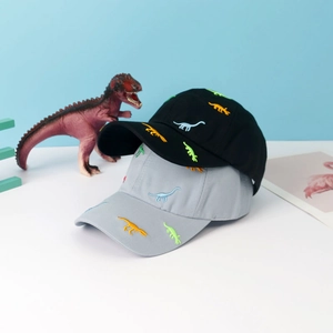 Kids baseball caps with colorful dinosaur embroidery in black and light grey cotton fabric