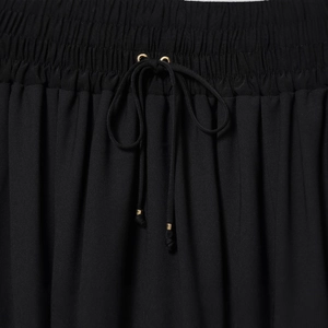 Elegant black long dress with elastic drawstring waist and premium gold metal accents