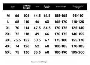 Detailed size chart for outdoor jacket showing measurements from size M up to 5XL