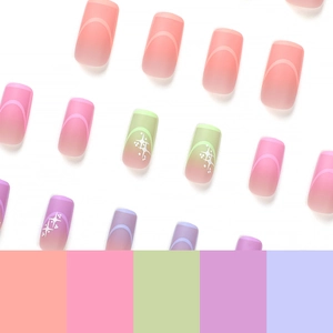 Pastel press-on nails set with matte finish featuring star patterns in five gradient colors
