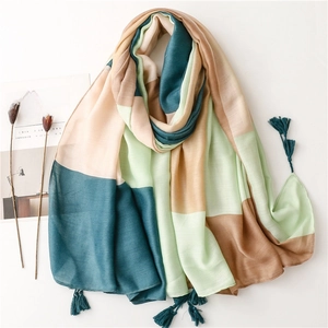 Elegant Long Scarf Shawl For Women Geometric Color Block Polyester Satin Cotton With Tassel Fringe Lightweight Breathable