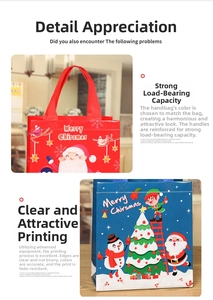 Close-up of Christmas non-woven gift bags showing festive prints and reinforced handles