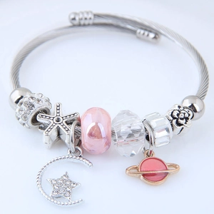 Bracciale in acciaio inossidabile argento con ciondoli celesti e cristalli rosa