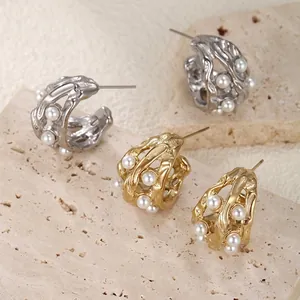 C Shaped Stud Earrings Stainless Steel Hollow Out Lava Texture Irregular Faux Artificial Pearl Vintage Niche Elegant For Women