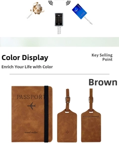 Brown PU leather passport holder and luggage tag set with minimalist airplane icons