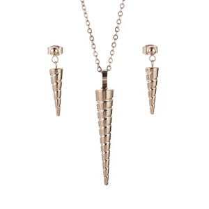 Elegant rose gold conical spiral necklace and earrings set with polished metal finish