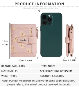 Pink PU leather small wallet with cute bear print and zipper pocket, size comparison