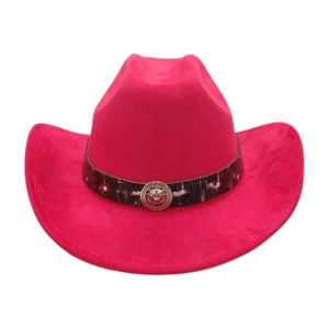 Hot pink western cowboy hat with wide brim and silver lion head decorative metal buckle
