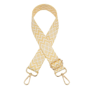 Adjustable yellow and white diamond geometric fabric shoulder strap with gold metal buckles