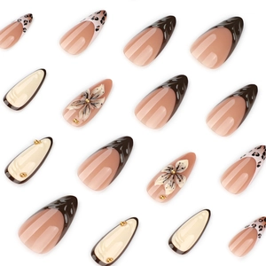 3D floral almond press-on nails with leopard French tips and cream wavy patterns