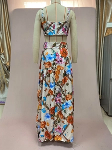 Rear view of two-piece floral print set with open-back crop top and high-waist maxi skirt