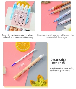 Detail of retractable erasable pen with protective wax tip and replaceable ink refill
