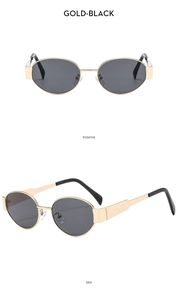 Front and side views of gold oval metal sunglasses with black lenses and retro wide temples