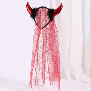 Red devil horns headband with long lace veil and black feathers for Halloween parties