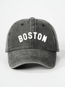 Detailed close-up of the vintage washed charcoal grey BOSTON letter print baseball cap