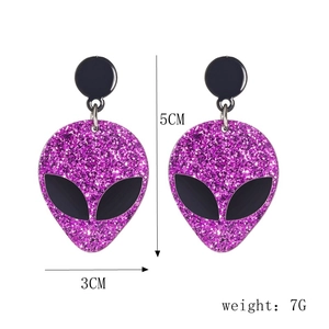 Detail view of purple glitter alien earrings showing 5cm length and 3cm width measurements